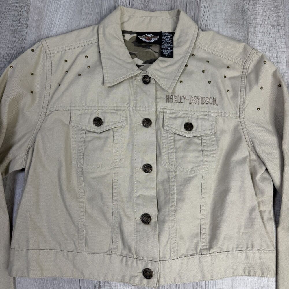 Harley Davidson Jacket Women’s Size XL Khaki Tan Studded Dazzle Cropped Biker J - Picture 4 of 13